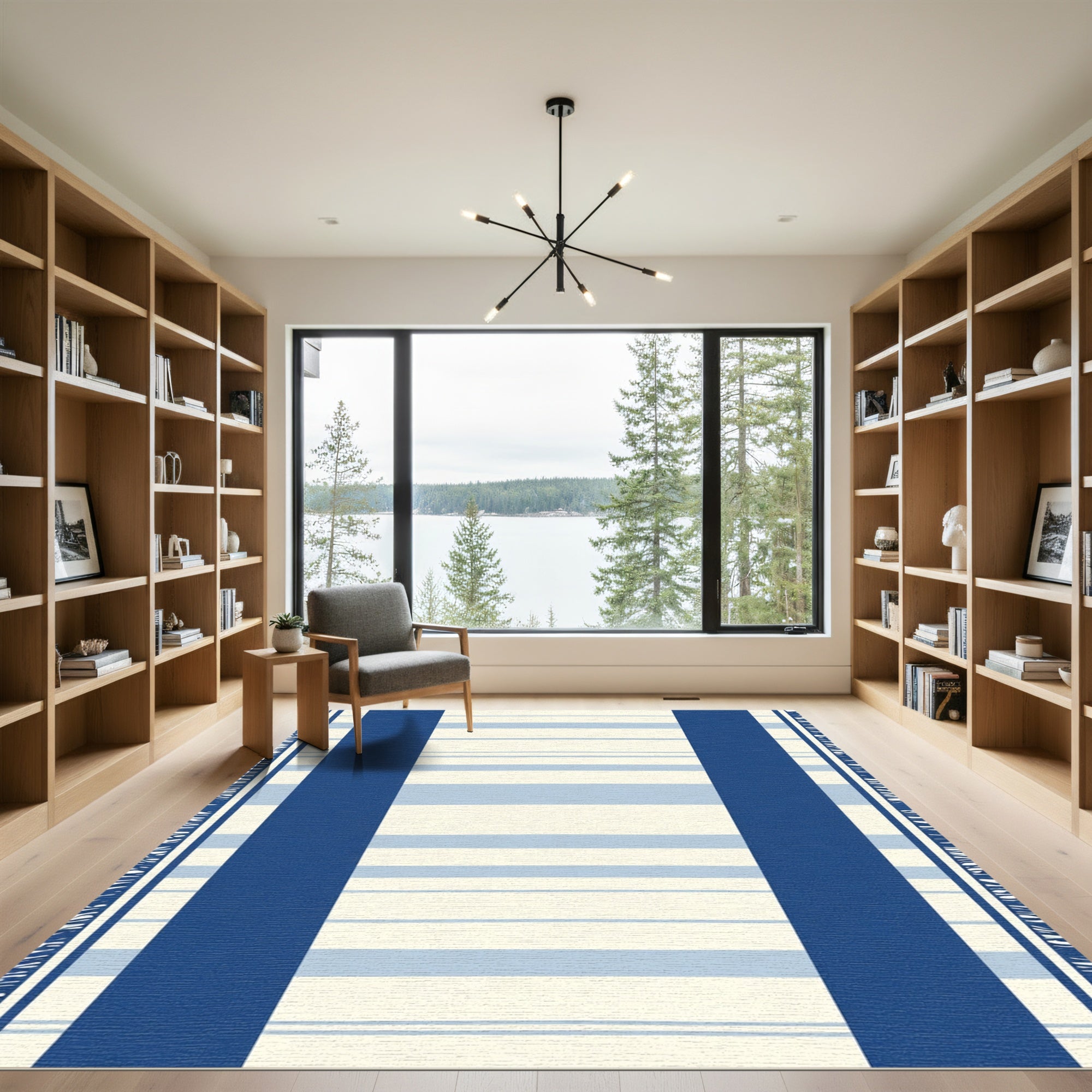 Navy Blue White Stripe Tassel Rug