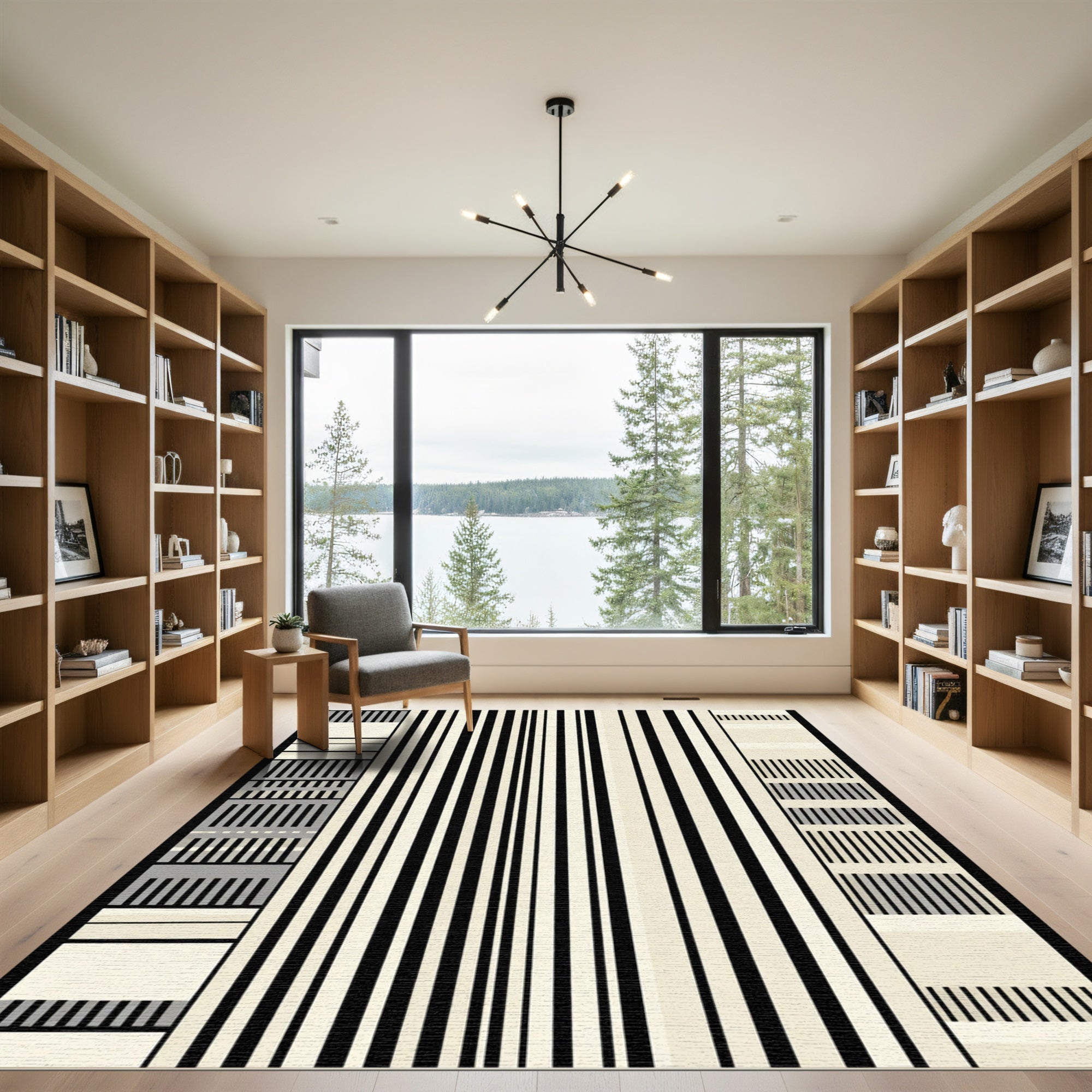 Modern Black Cream Gray Stripe Rug