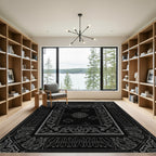 Black Floral Medallion And Frame Rug