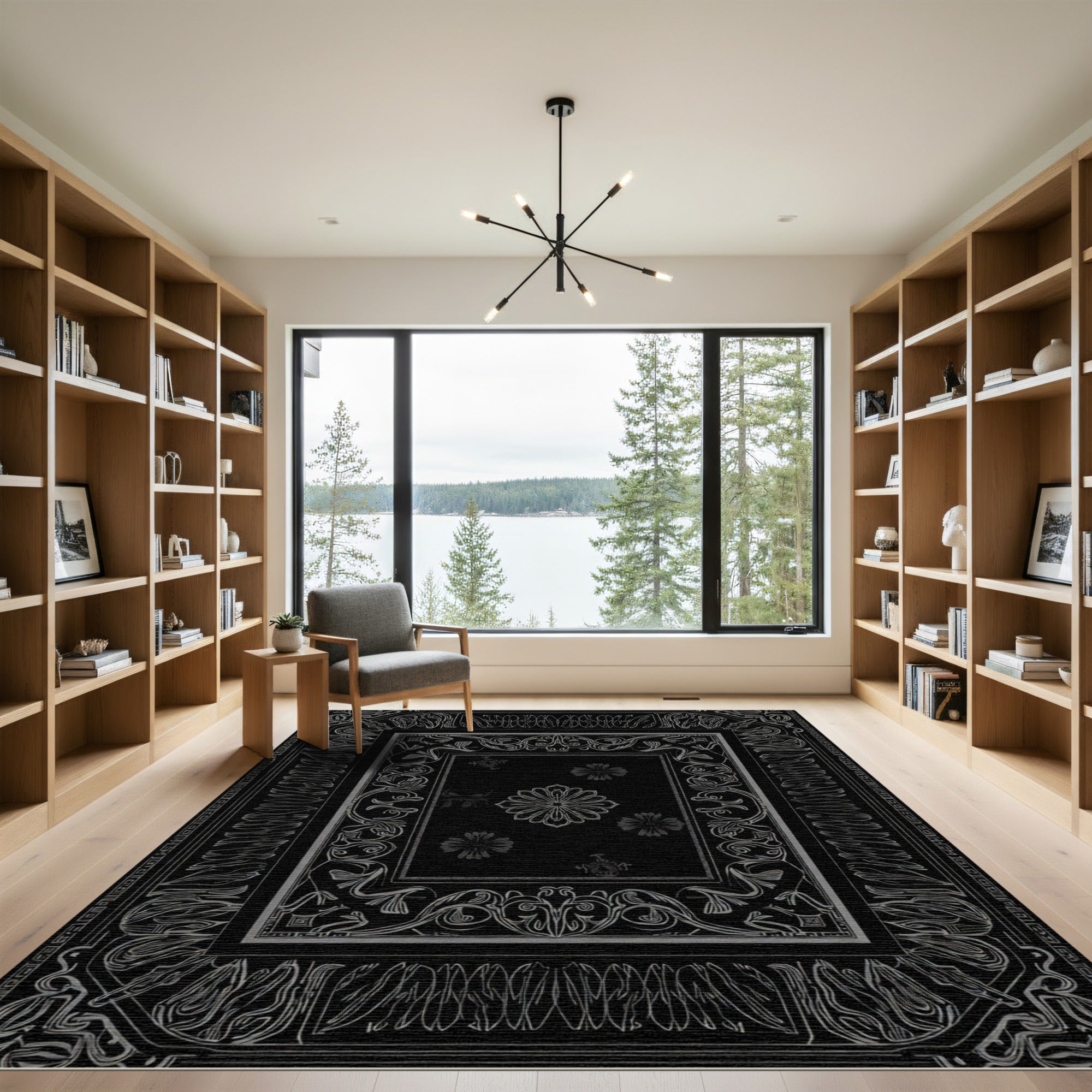 Black Floral Medallion And Frame Rug