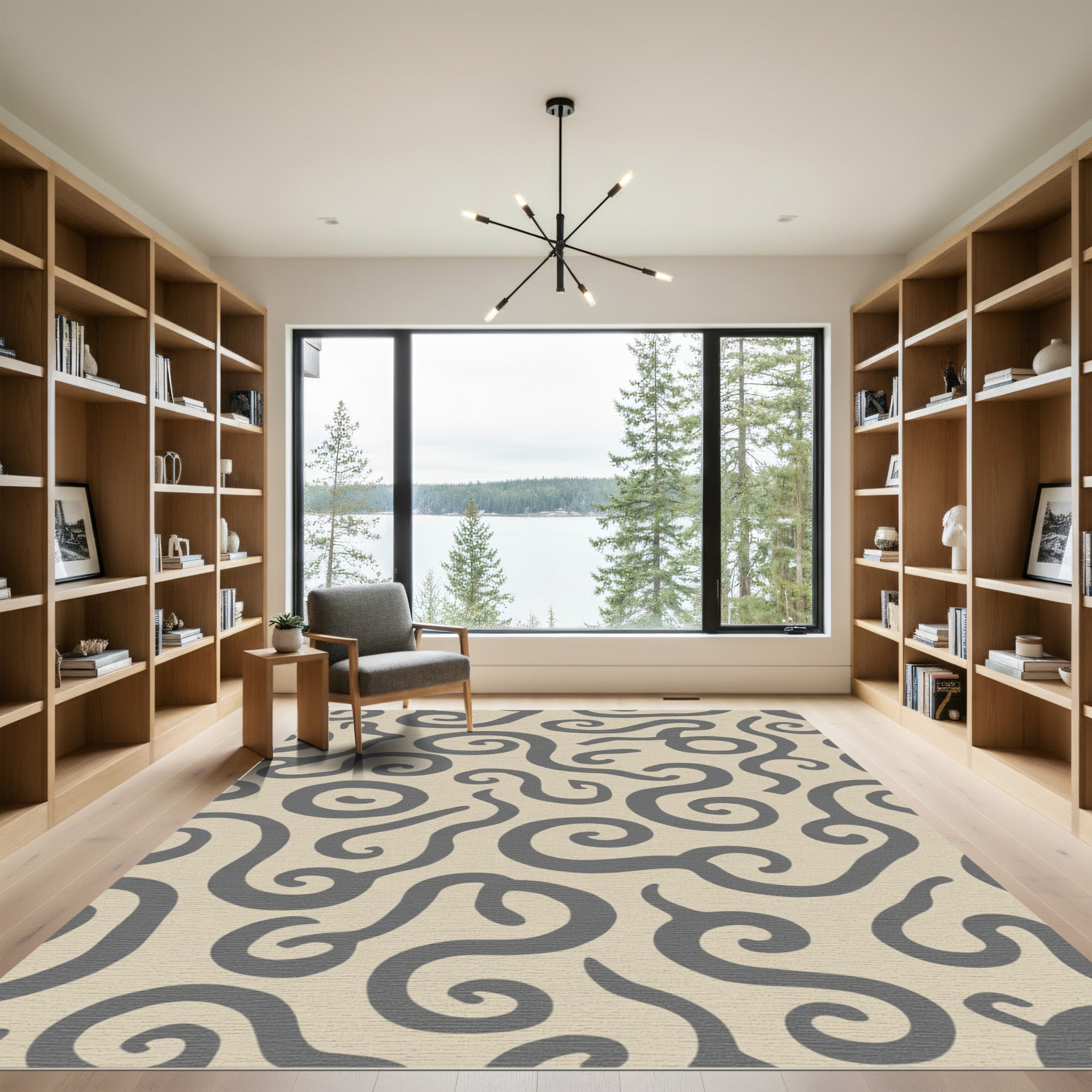 Cream Grey Swirls Organic Pattern Rug