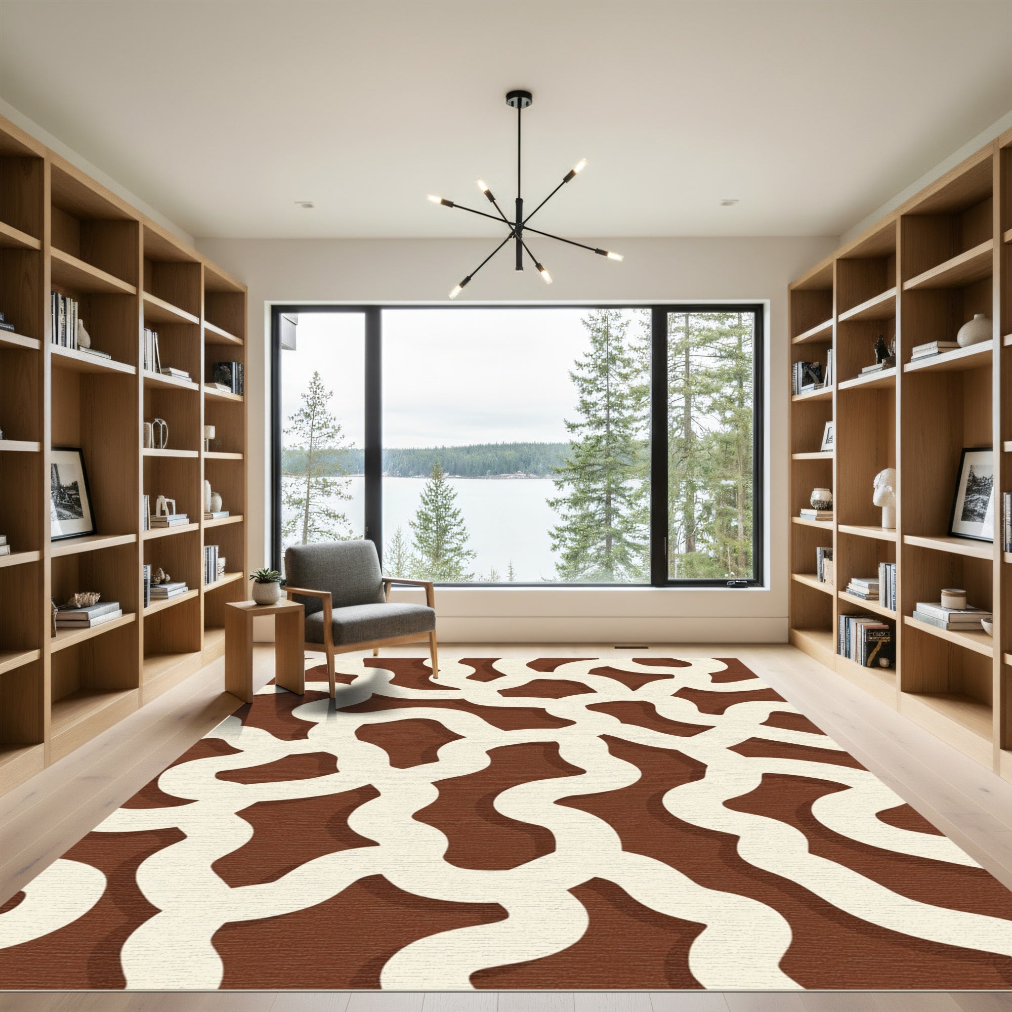 Cream Swirls Over Warm Brown Rug