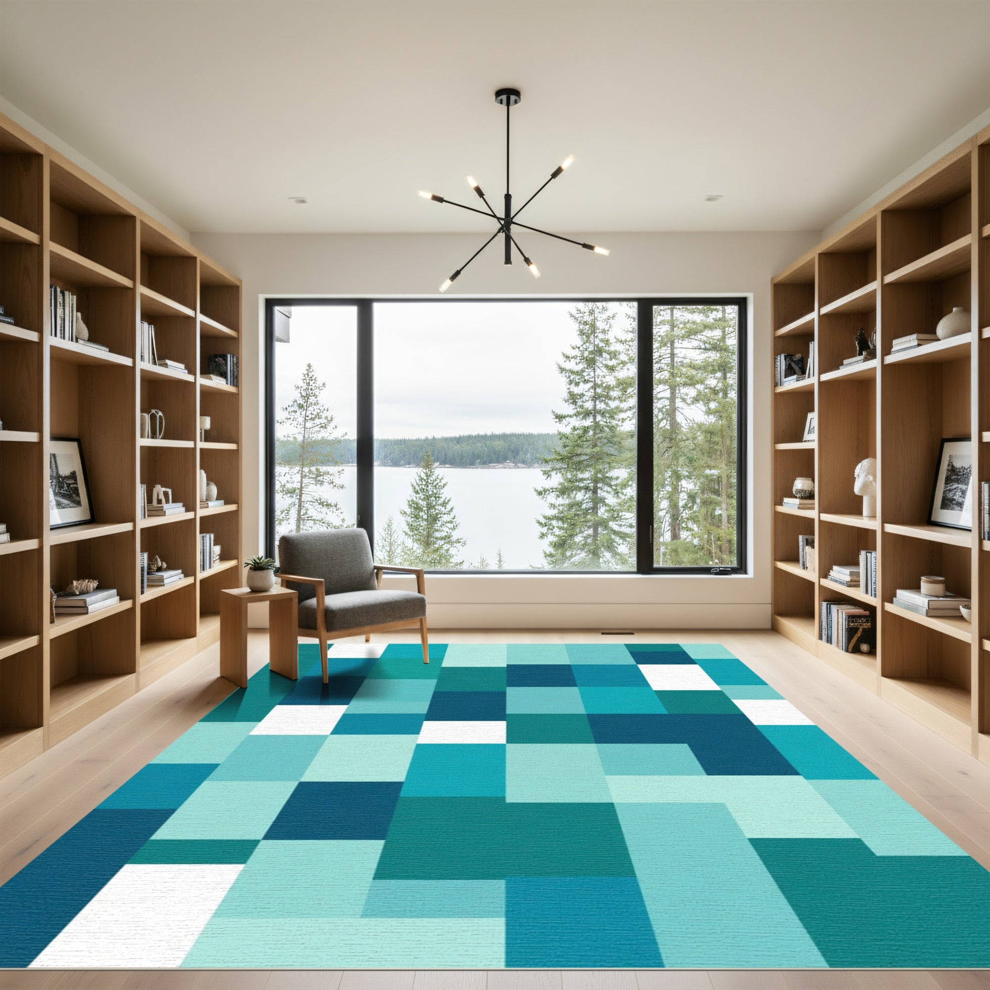 Abstract Teal Geometric Blocks Rug