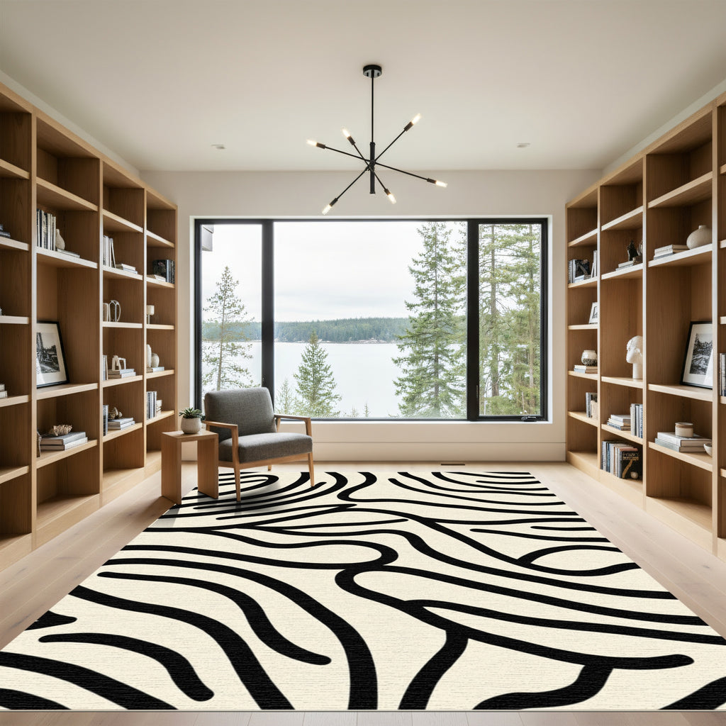 Organic Black Cream Abstract Swirl Rug