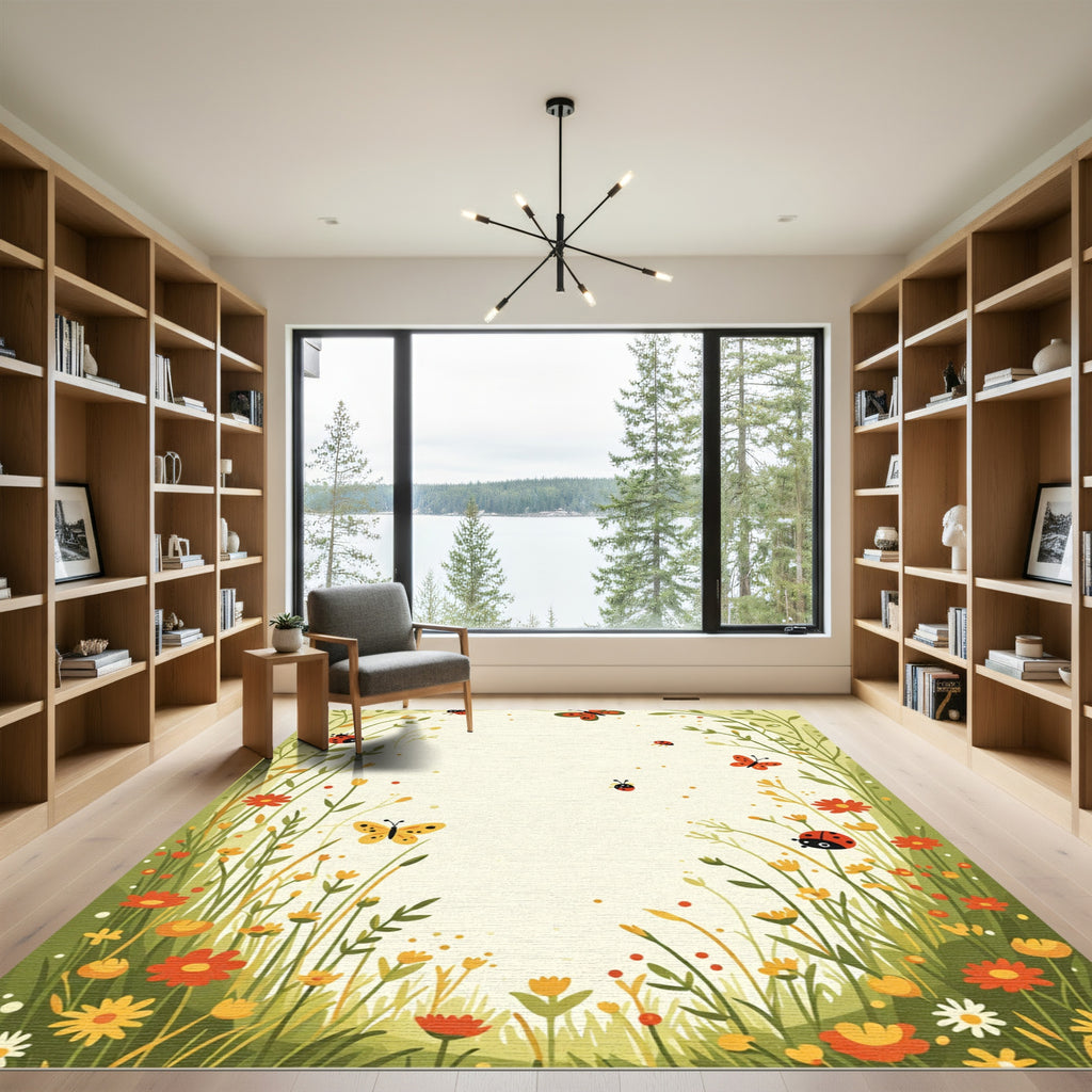 Whimsical Ladybug Butterfly Garden Meadow Rug