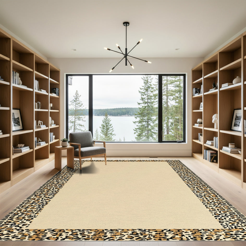 Bold Animal Print Border Tan Rug