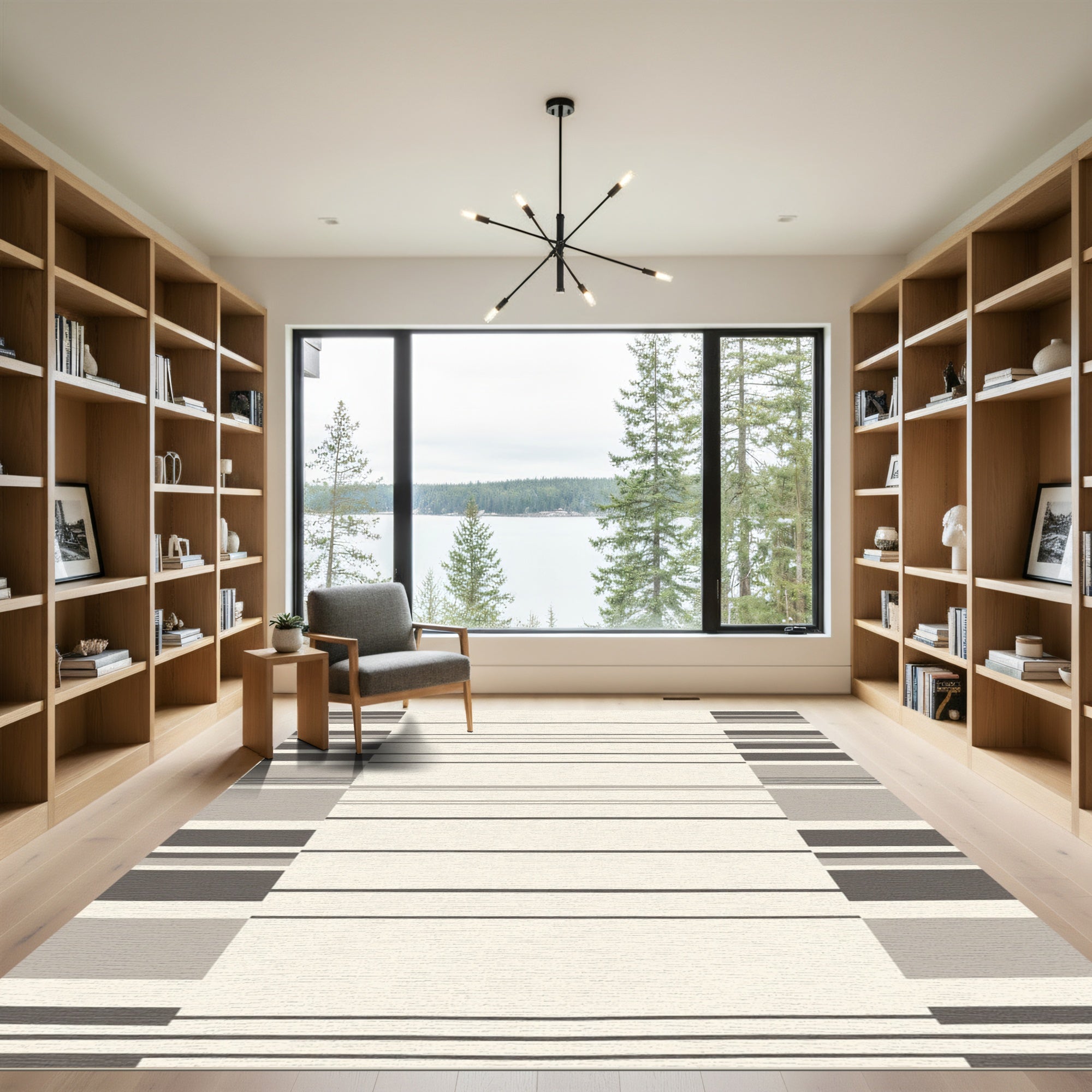 Minimalist Cream and Gray Striped Rectangles Rug