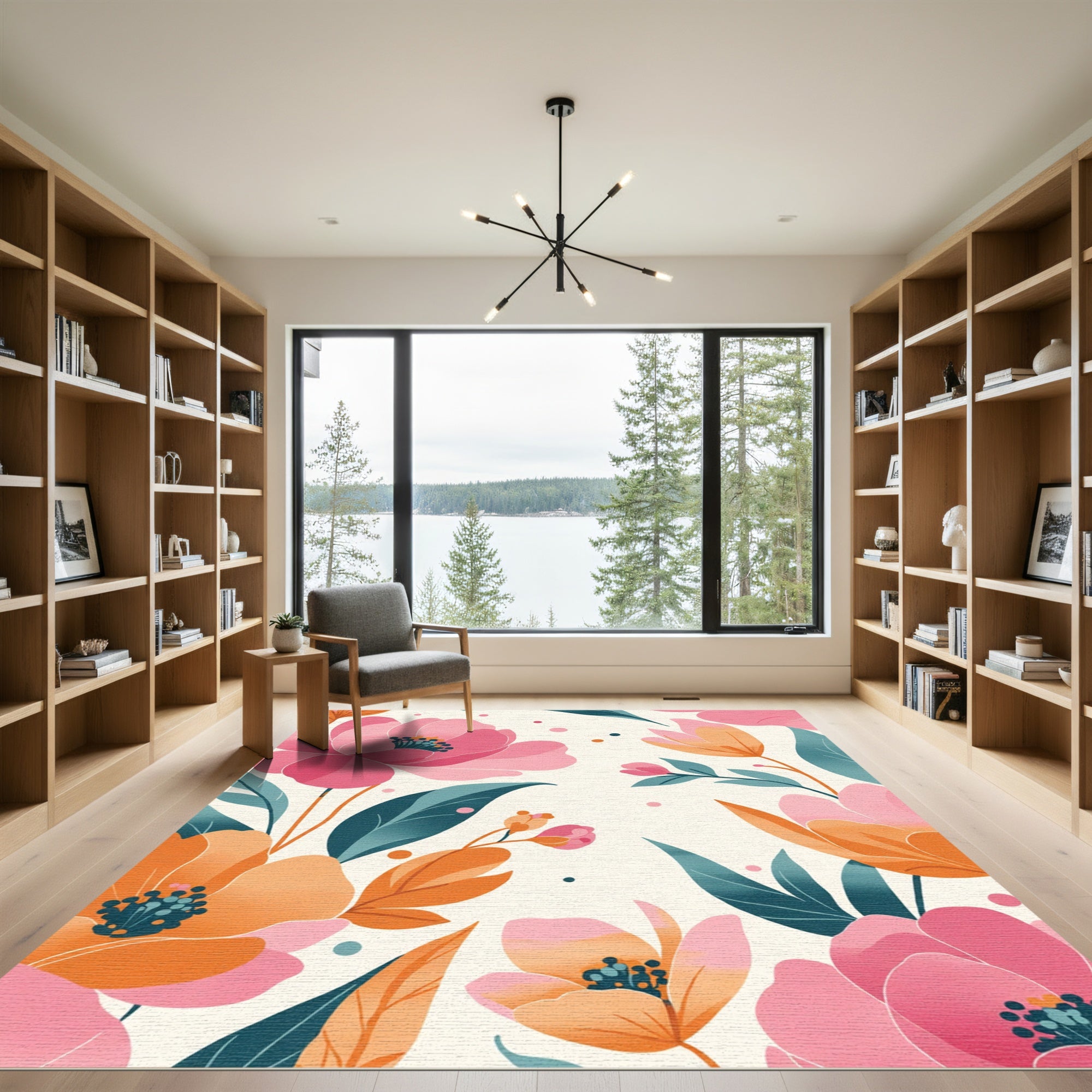 Vibrant Pink Orange Floral Watercolor Garden Rug