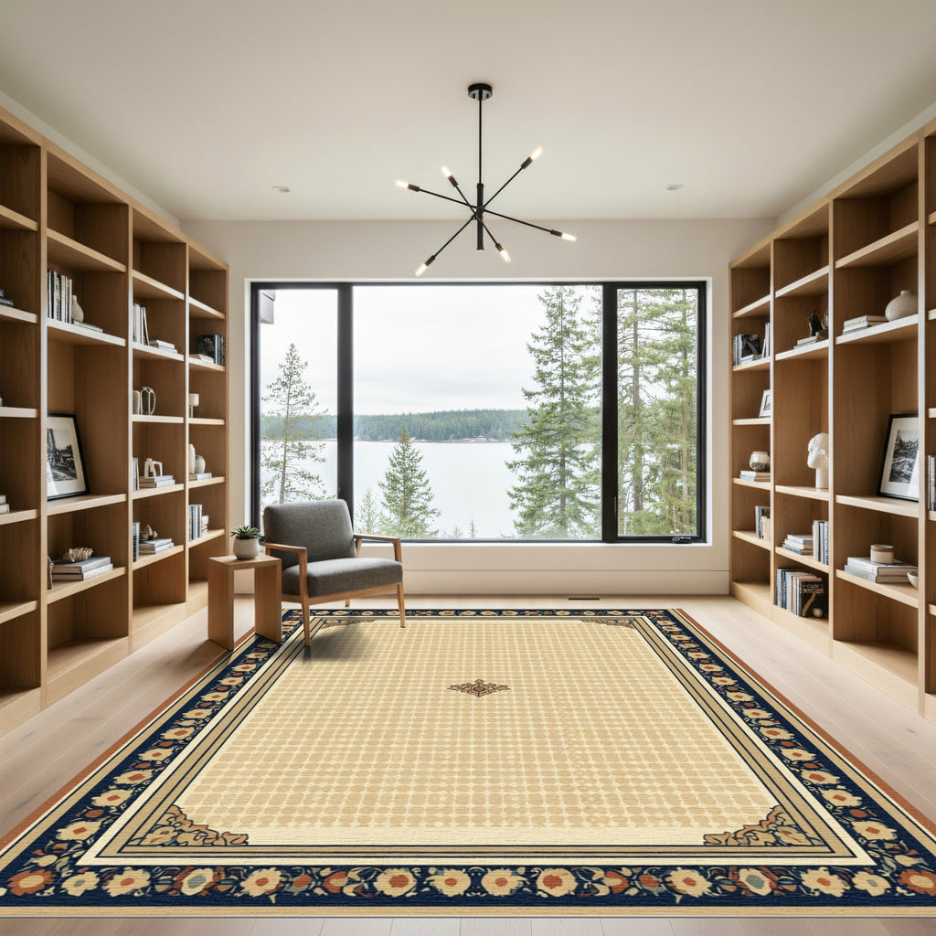 Crimson Navy Floral Border Medallion Rug