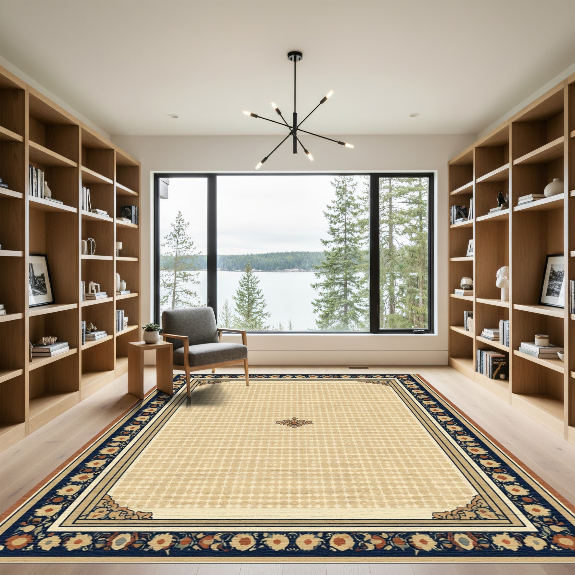 Crimson Navy Floral Border Medallion Rug