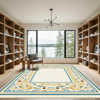 Ornate Blue Gold Floral Border Rug