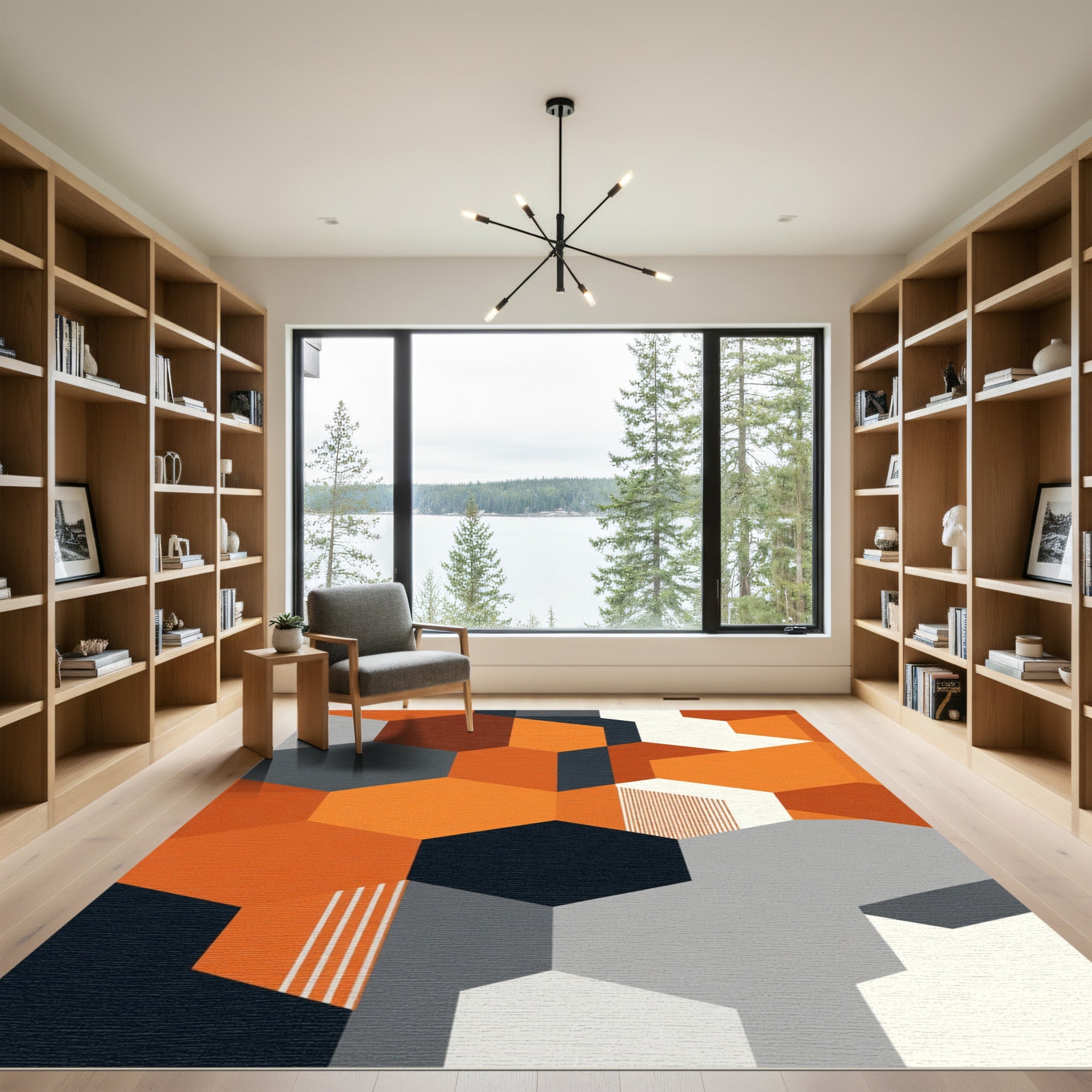 Bold Orange Hexagon Geometric Inlay Rug