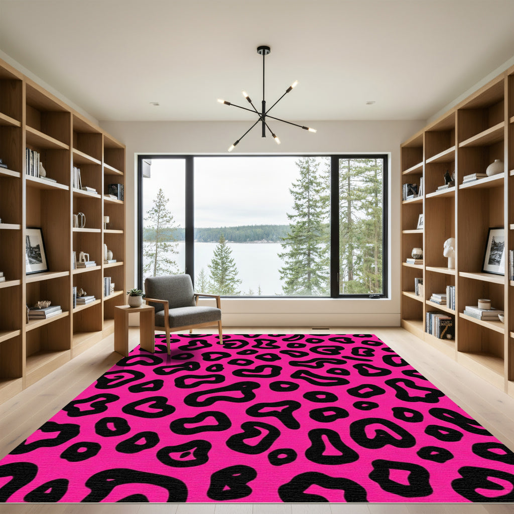 Vibrant Pink Black Leopard Spots Rug