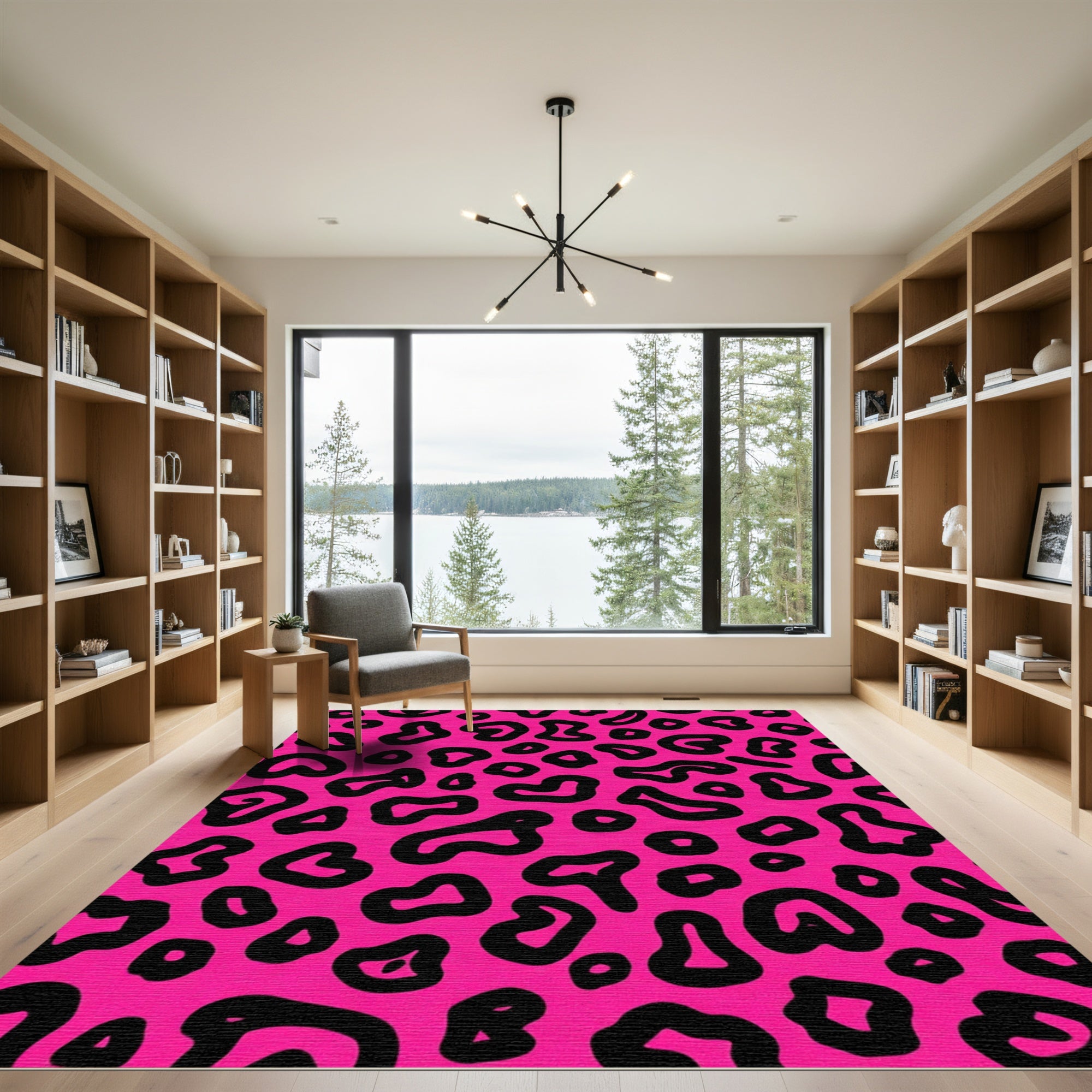Vibrant Pink Black Leopard Spots Rug