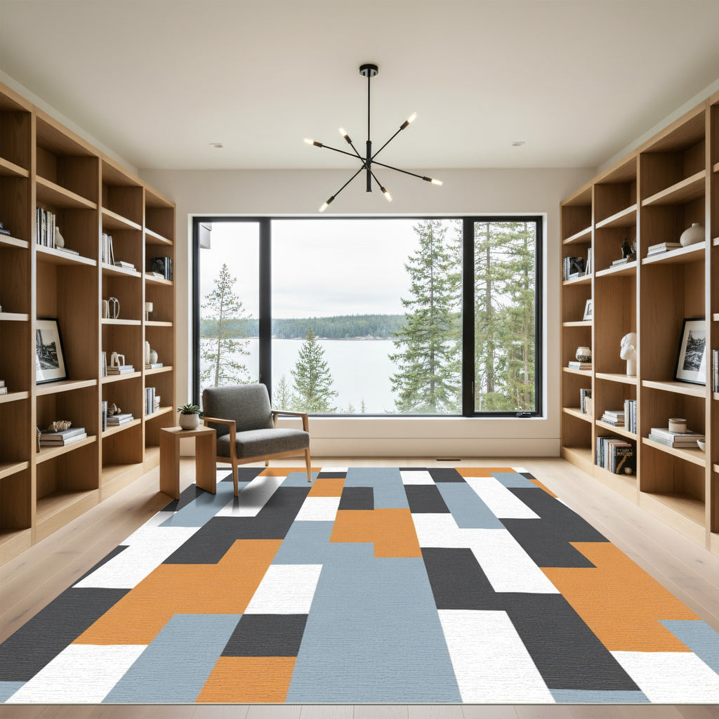 Abstract Terracotta Blue White Blocks Rug