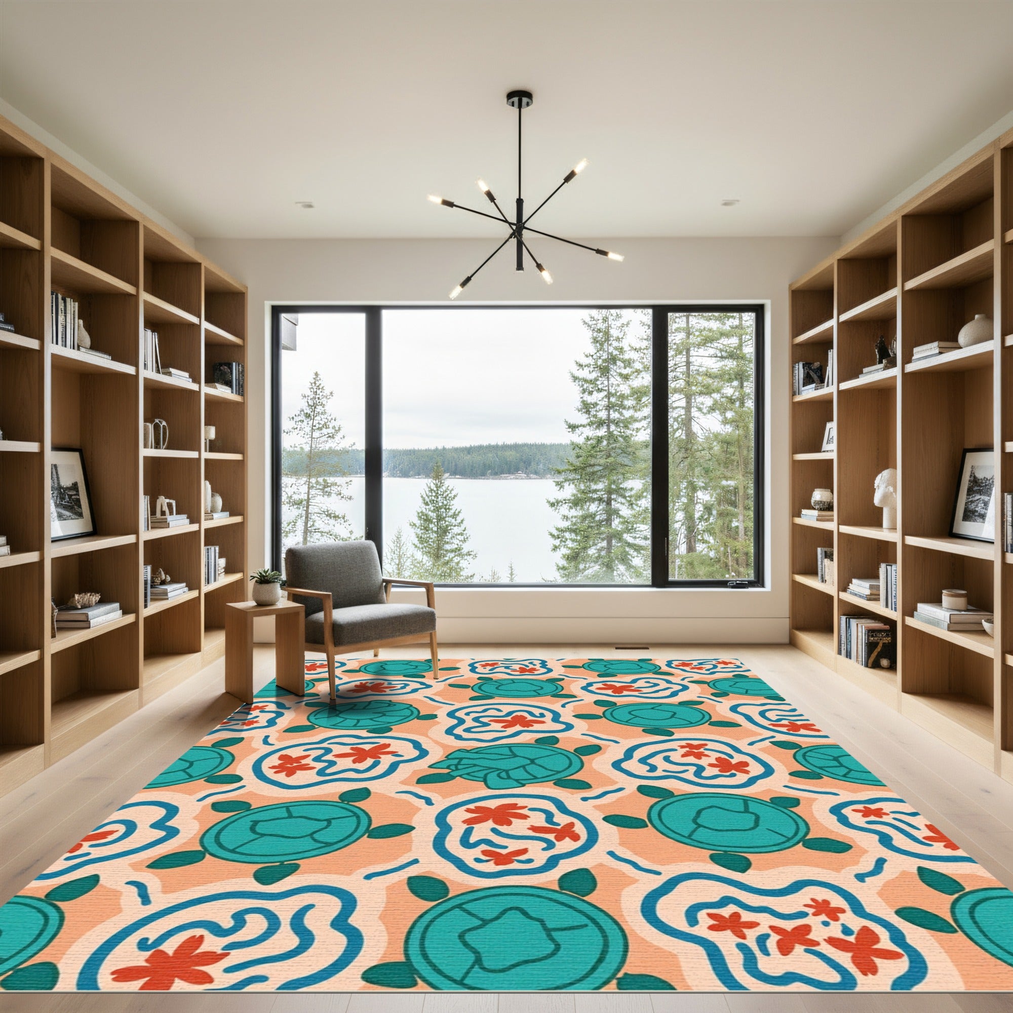 Aqua Turtle Coral Bloom Pattern Rug