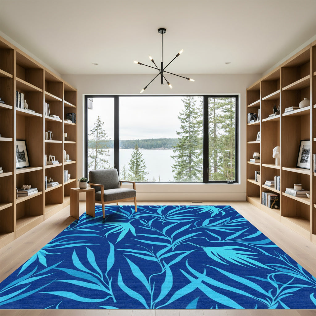 Deep Blue Tropical Leaf Foliage Rug