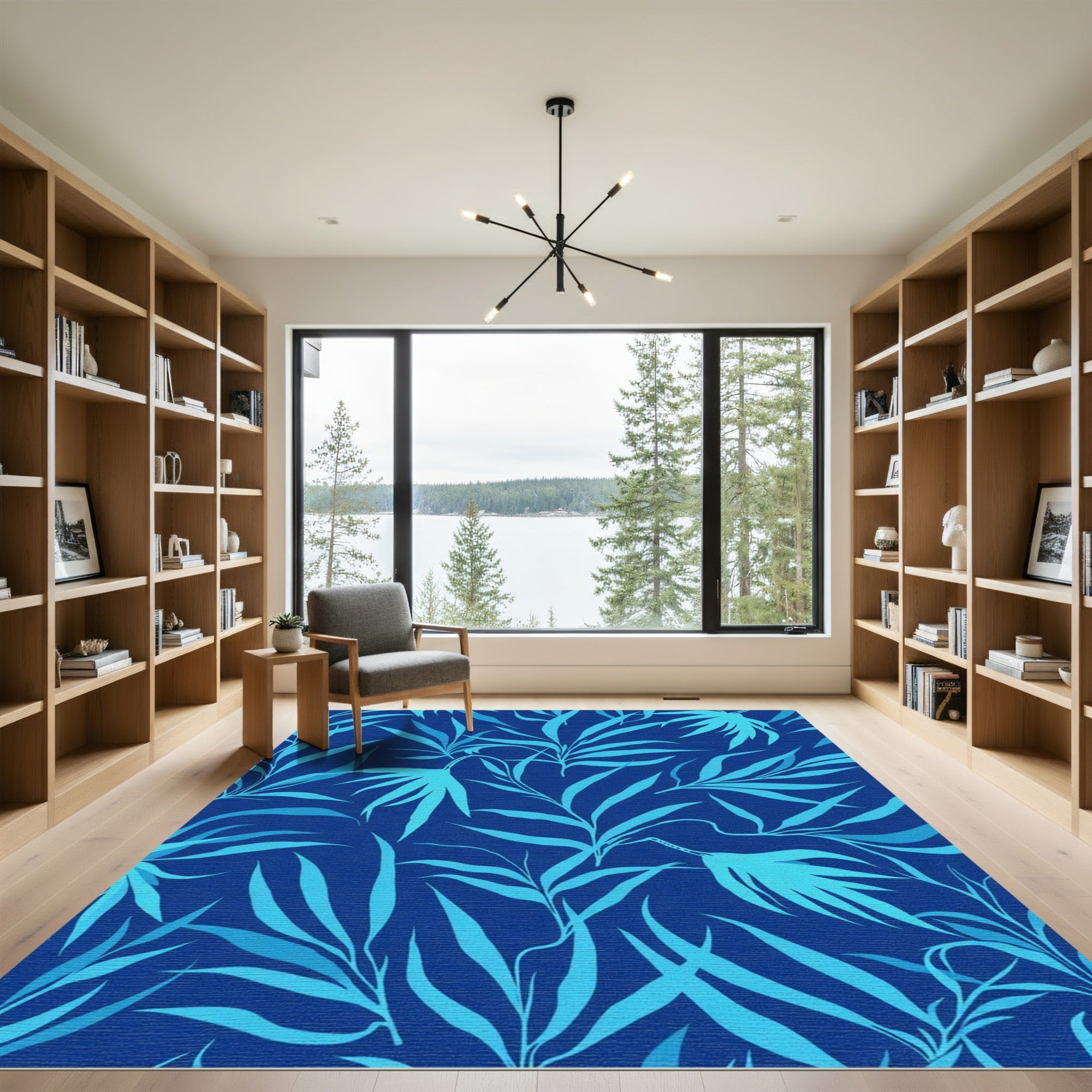 Deep Blue Tropical Leaf Foliage Rug
