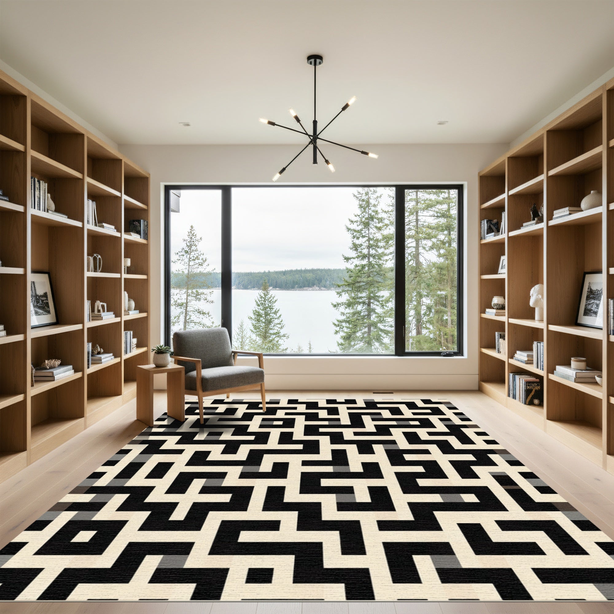 Black and Cream Geometric Maze Rug