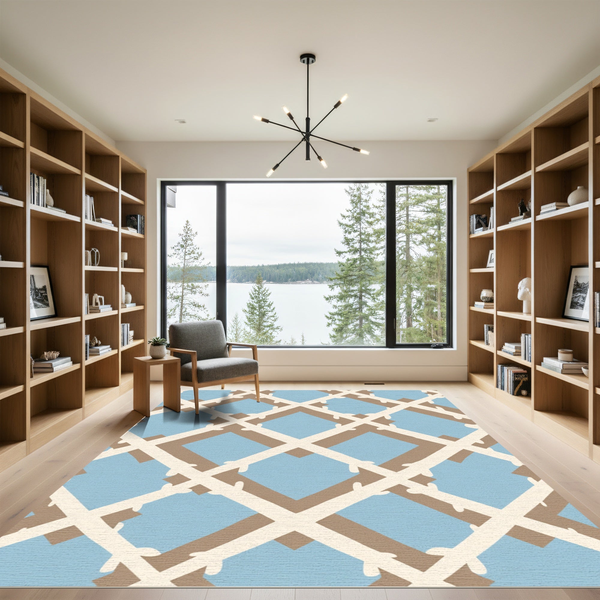 Light Blue Tan Lattice Geometric Rug