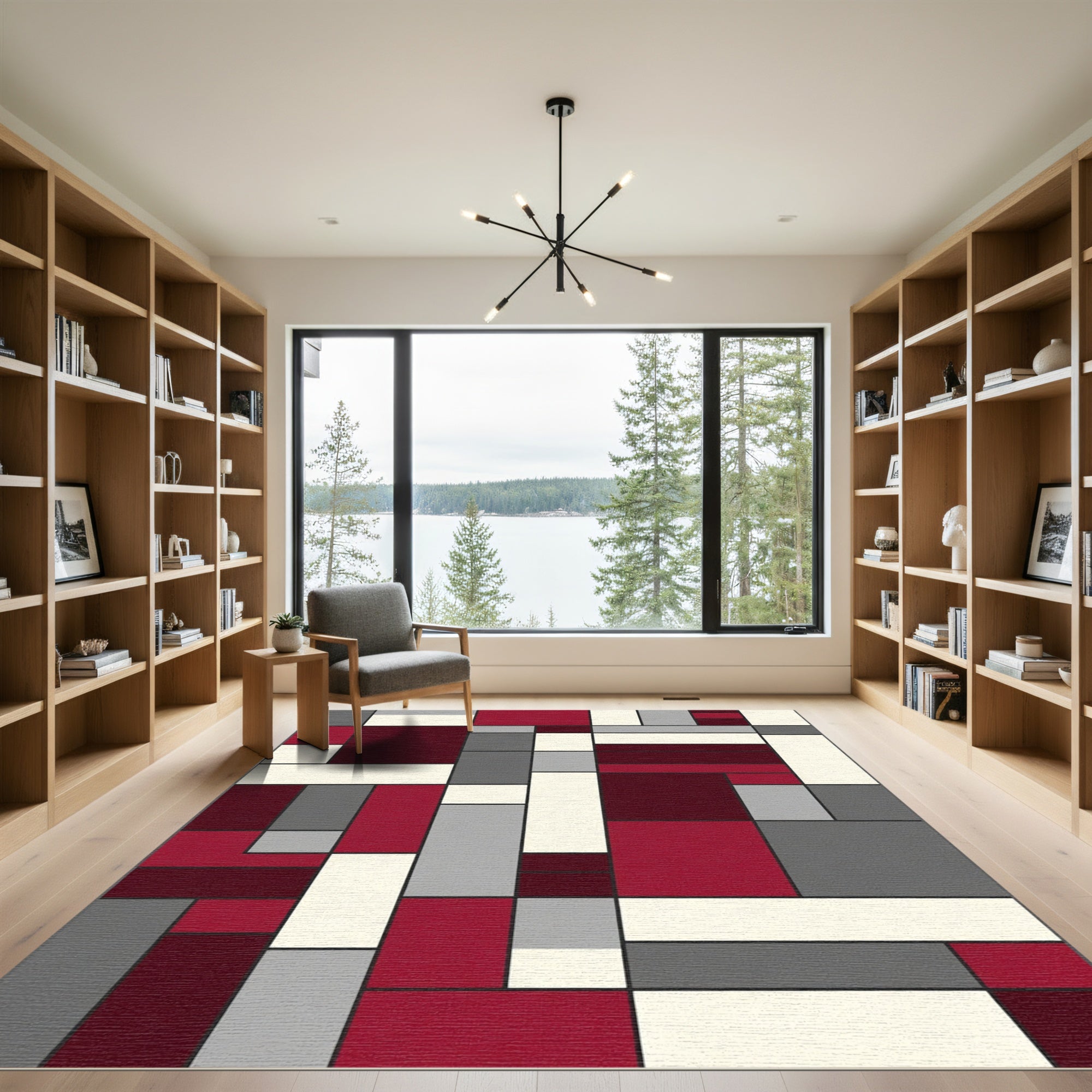 Crimson Gray Abstract Rectangular Composition Rug