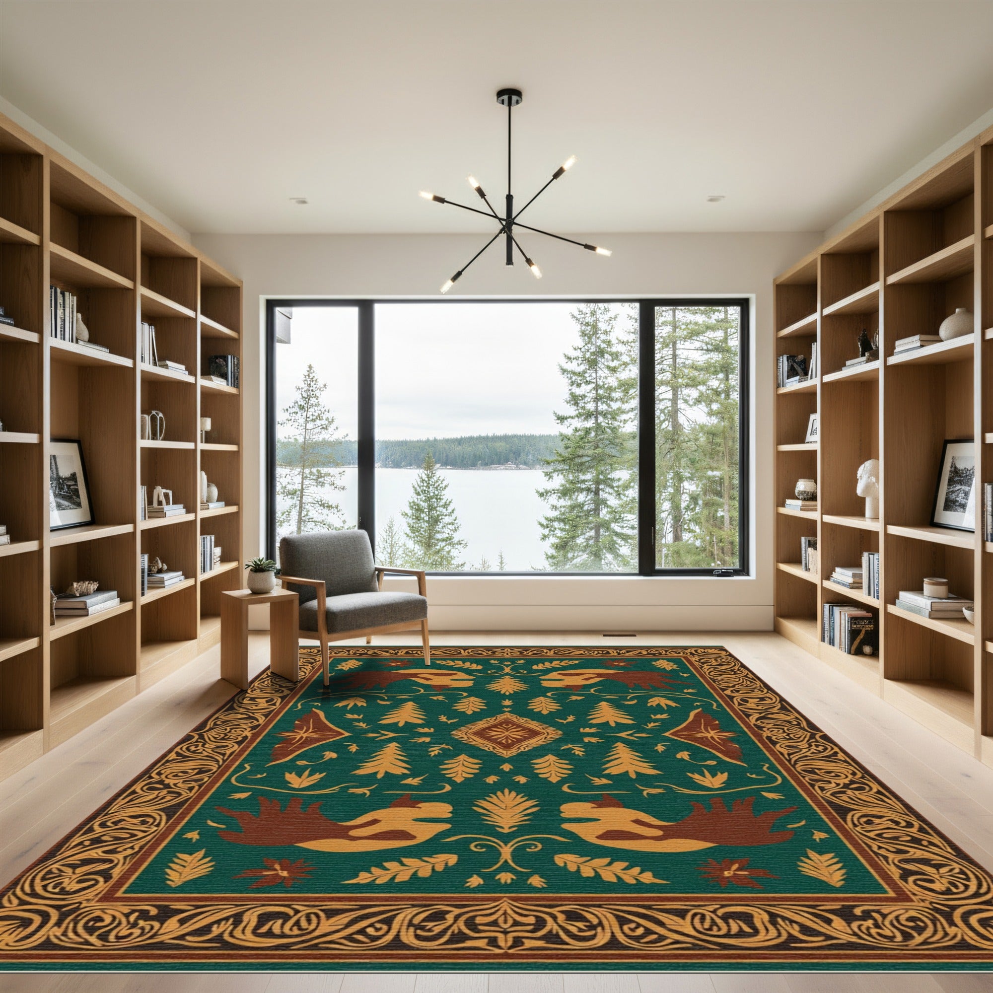 Forest Creatures Emerald Medallion Border Rug