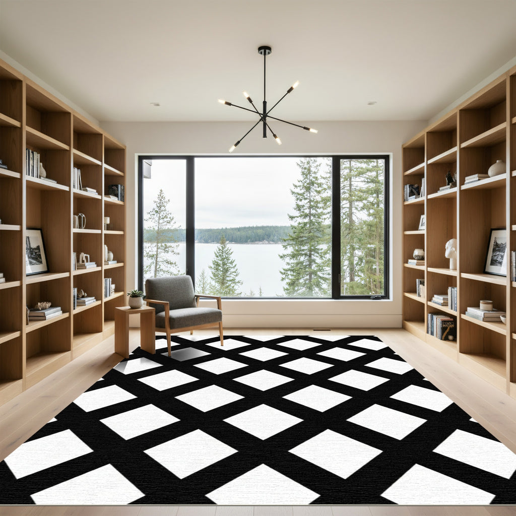 Black White Intersecting Diamond Grid Rug