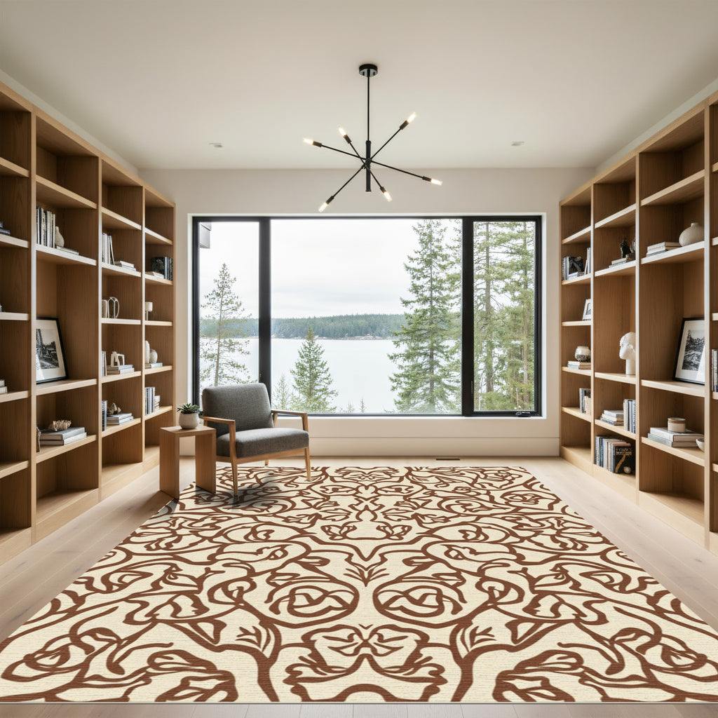 Delicate Brown Floral Scroll Arrangement Rug