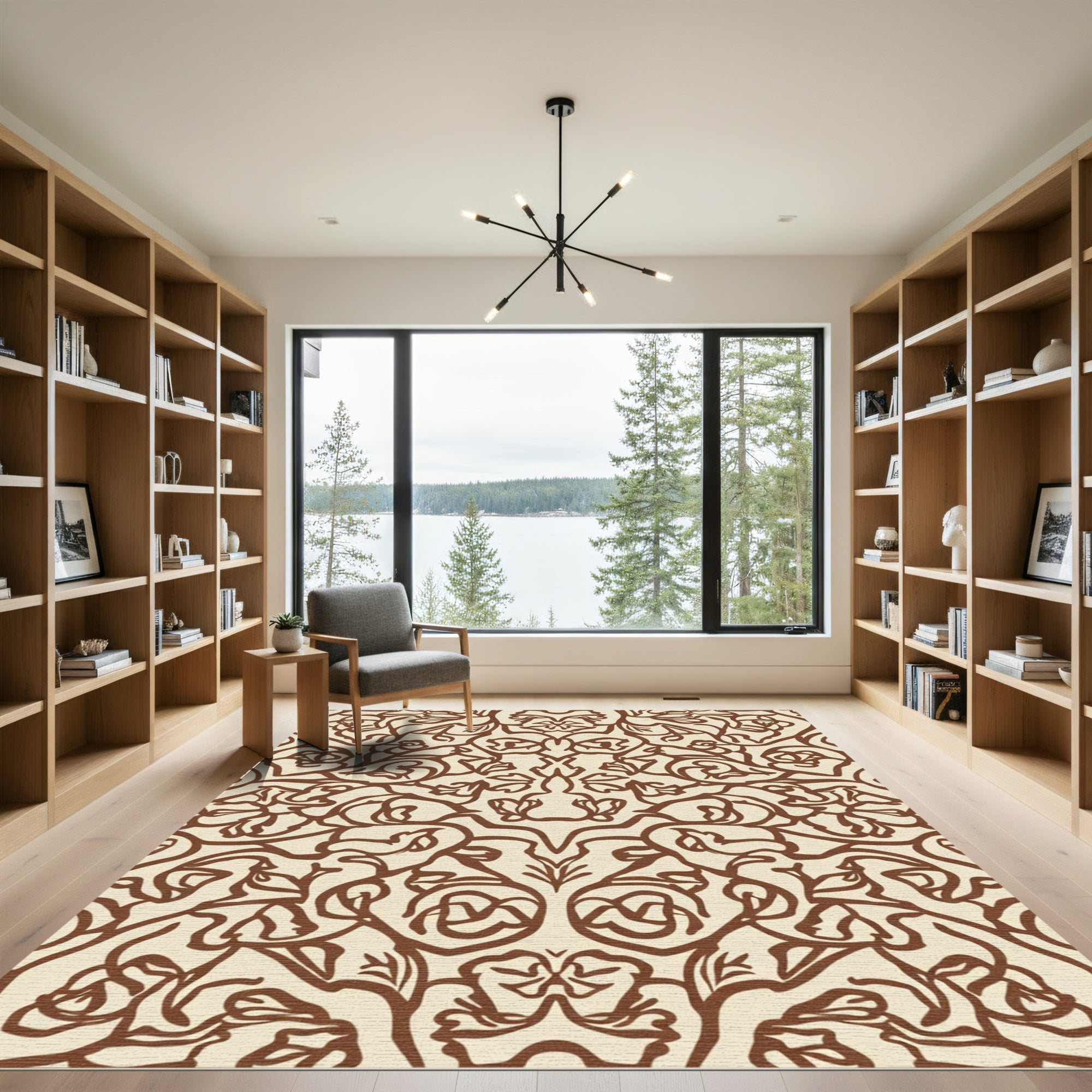 Delicate Brown Floral Scroll Arrangement Rug