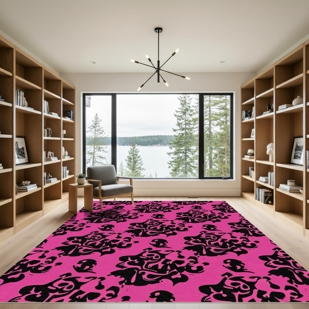 Pink Black Abstract Ink Swirl Rug