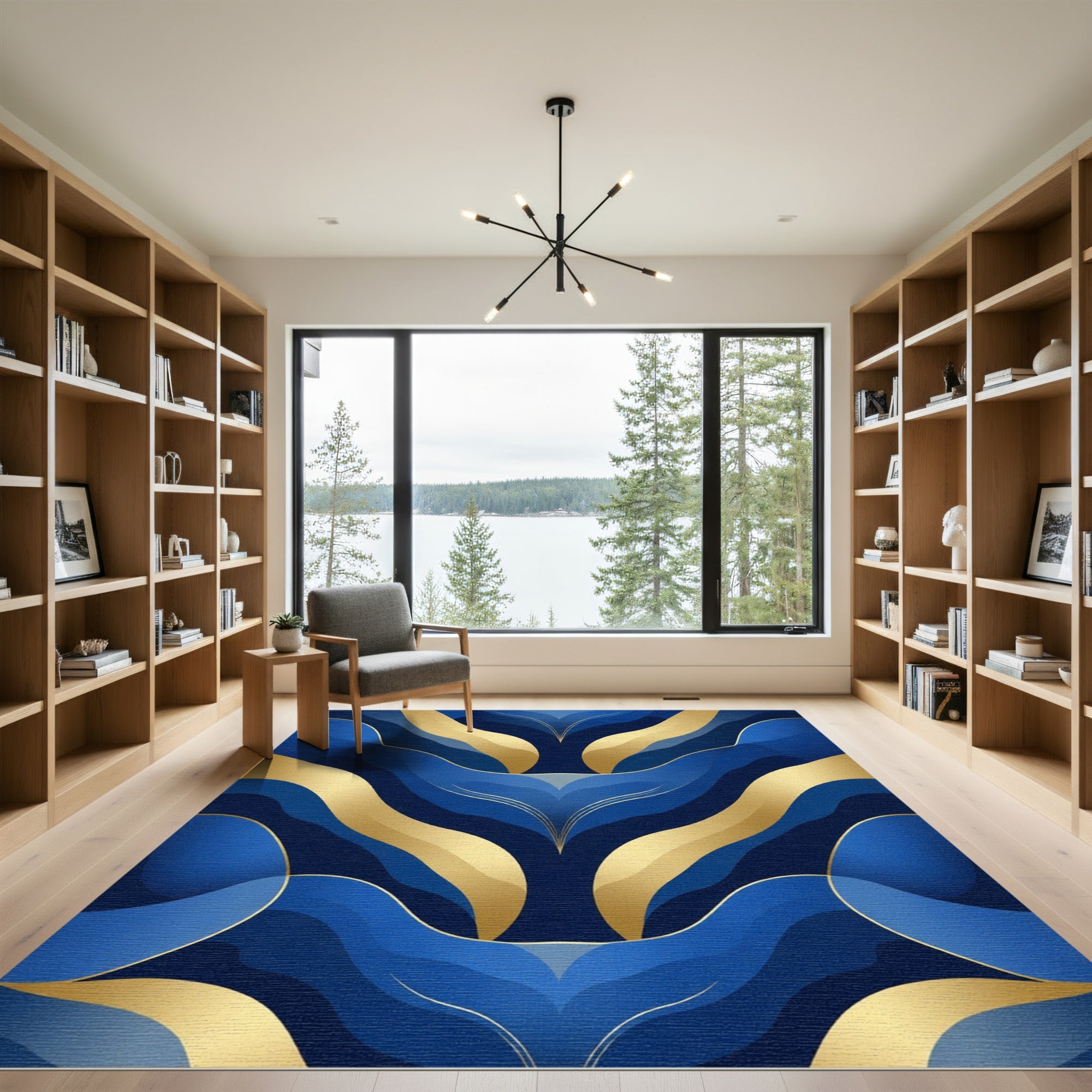 Deep Blue Gold Organic Swirl Rug