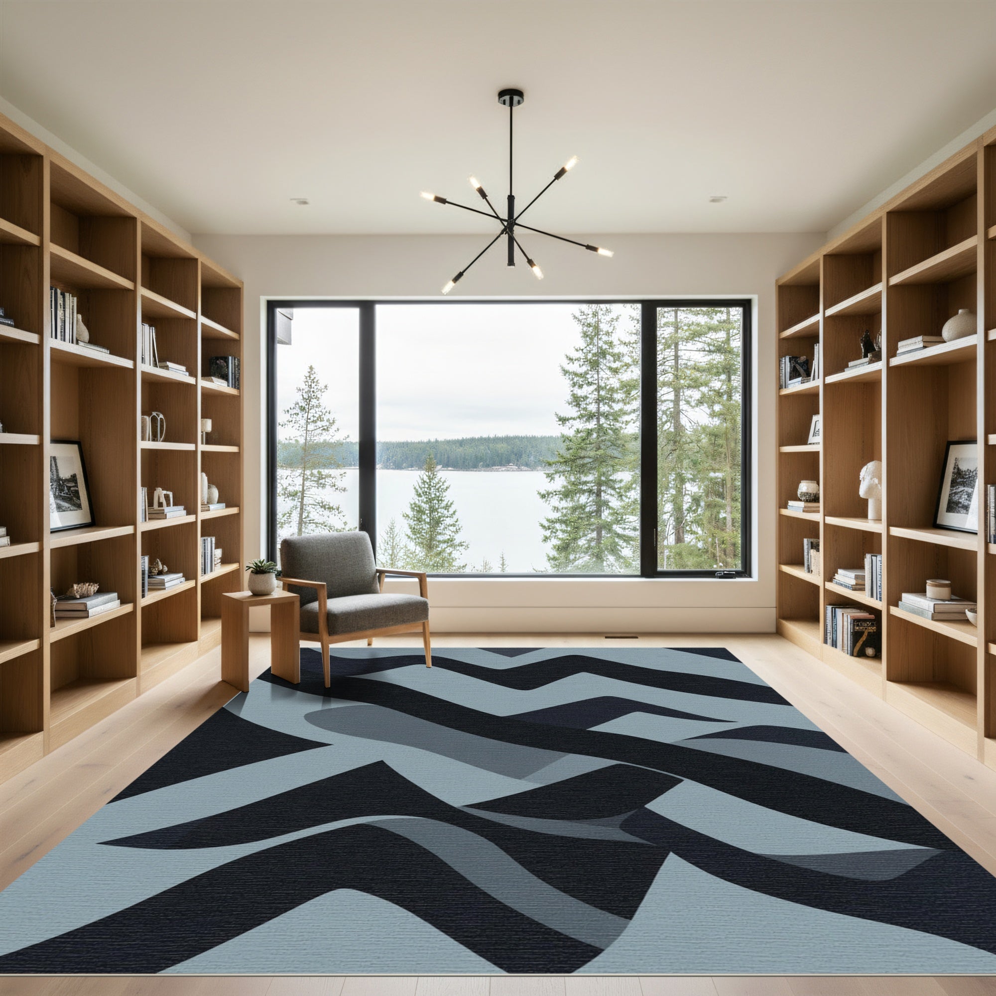 Dark Blue Abstract Wavy Landscape Rug