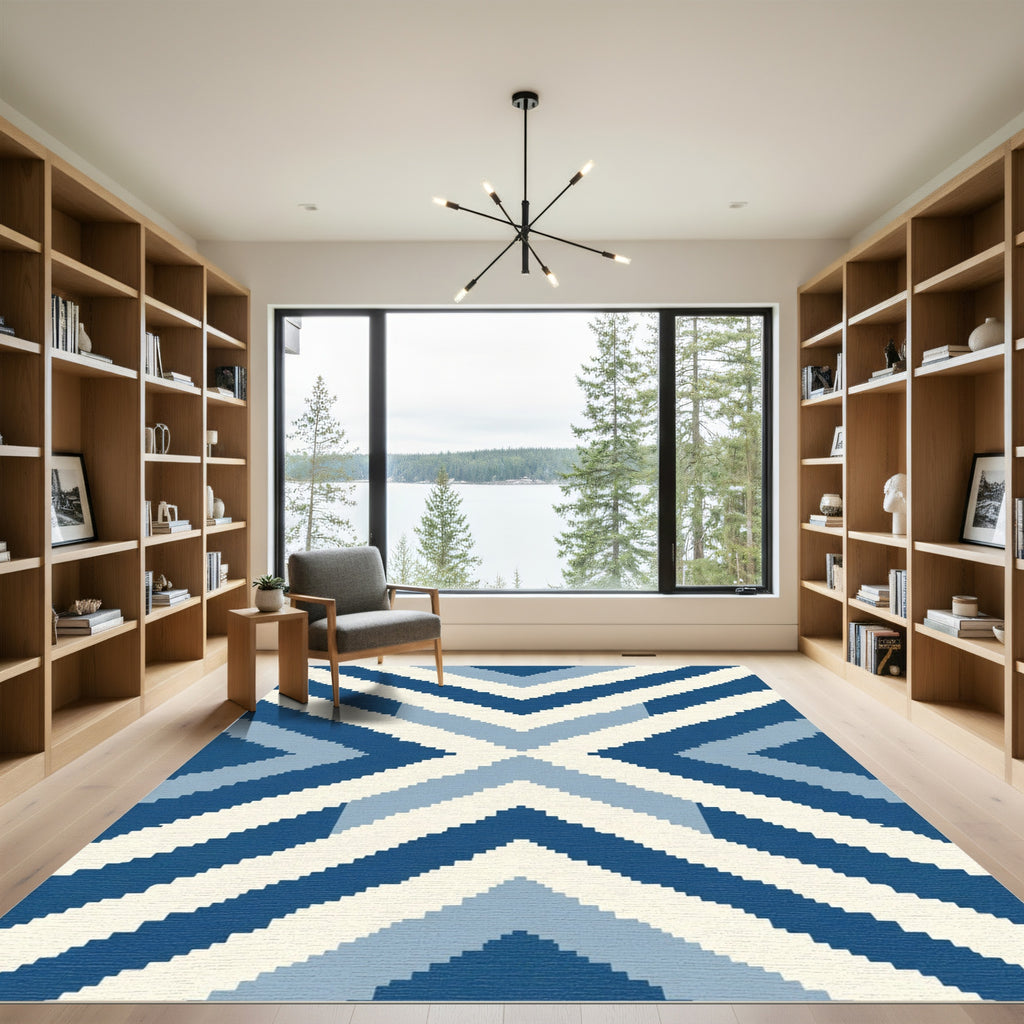 Deep Blue Chevron Gradient Stripes Rug