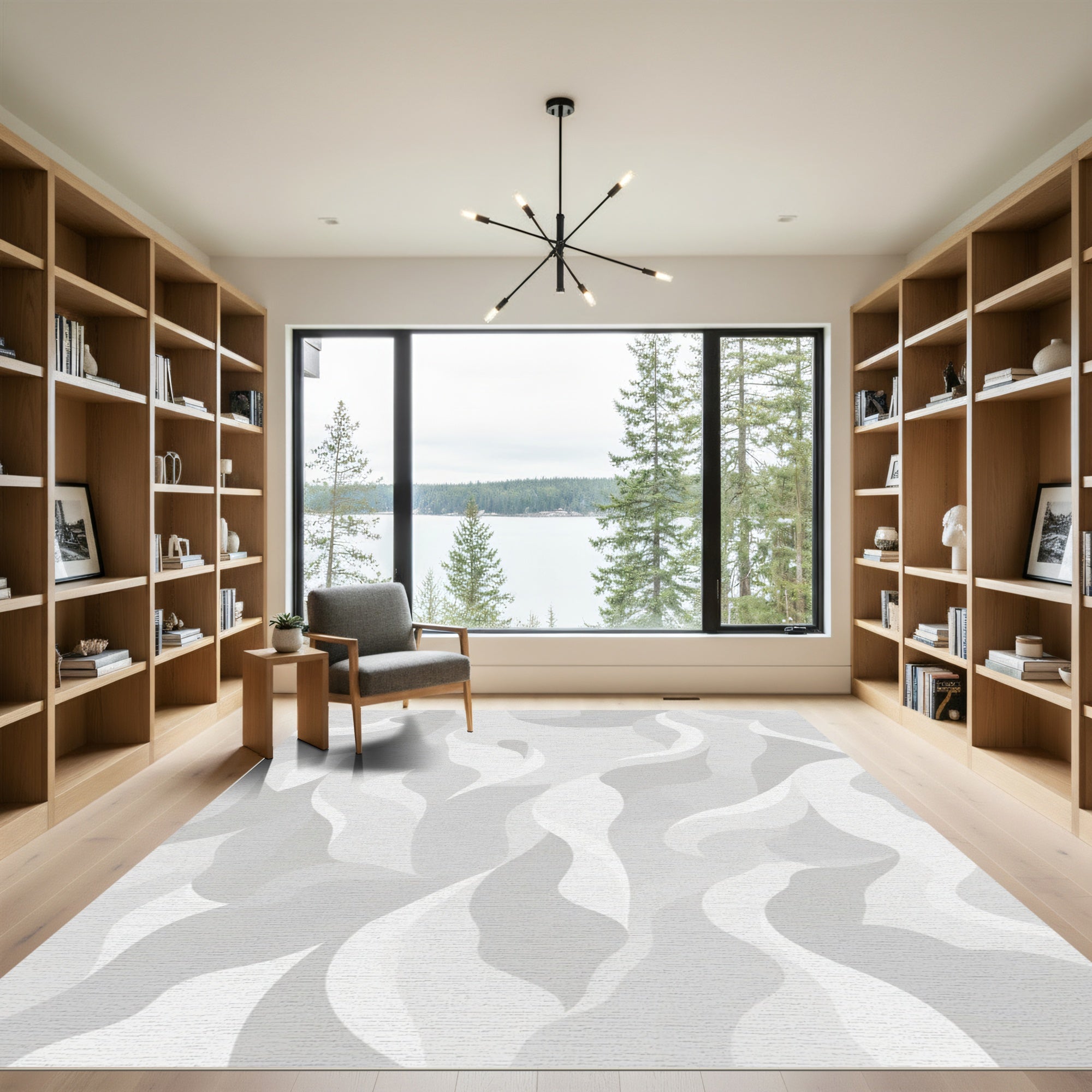 Gray White Flowing Abstract Shape Rug