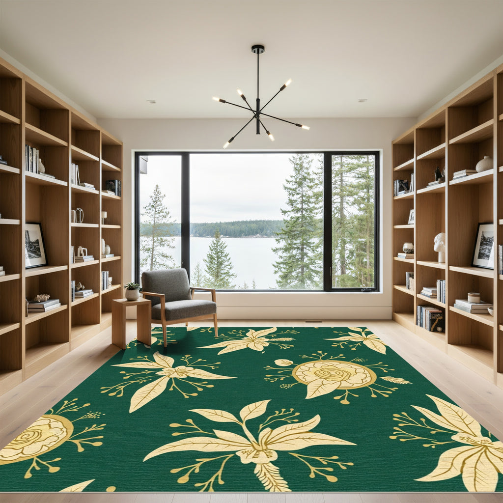 Golden Floral Scatter On Emerald Backdrop Rug