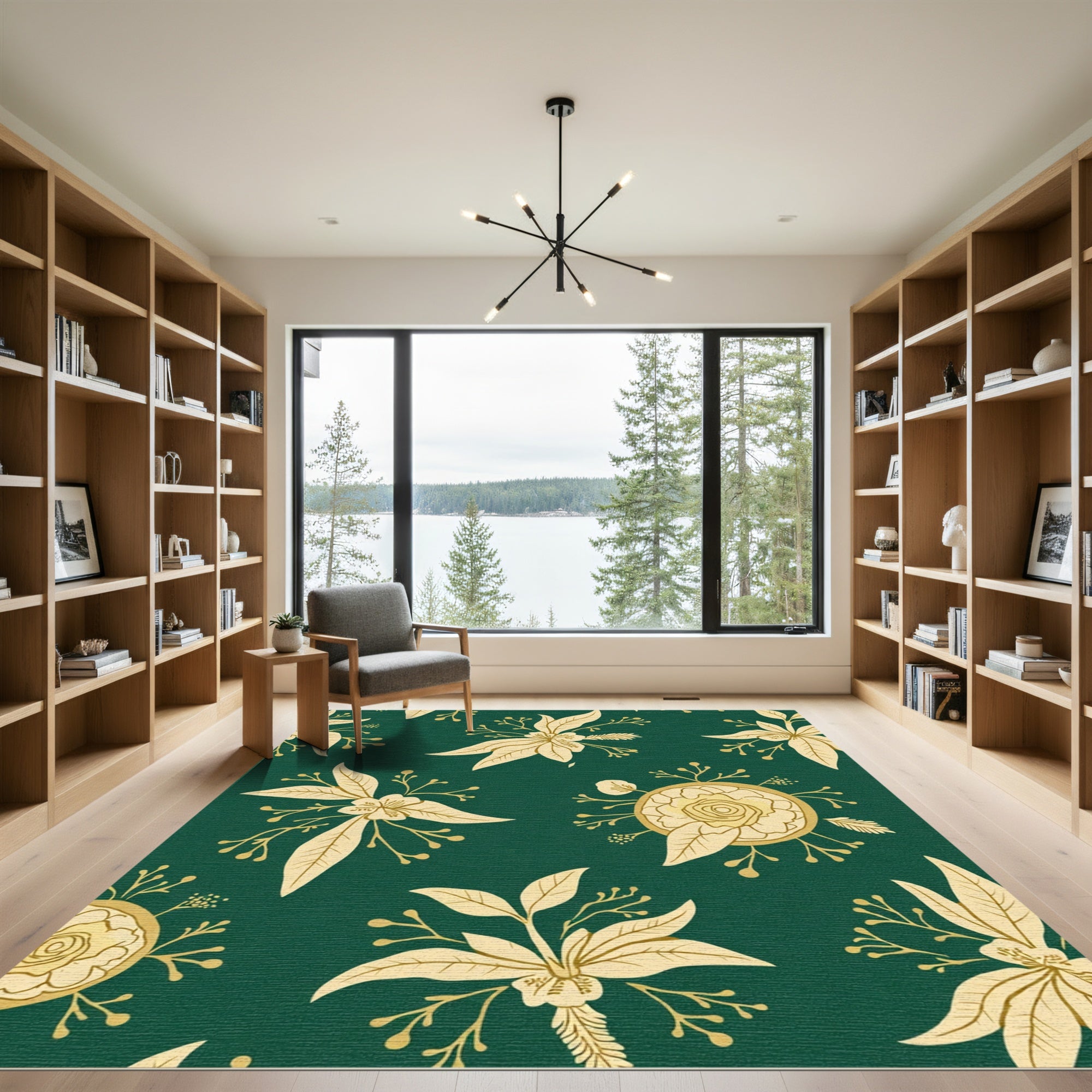 Golden Floral Scatter On Emerald Backdrop Rug