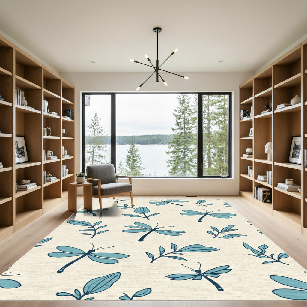 Aqua Dragonfly and Leaf Pattern Rug