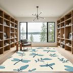 Aqua Dragonfly and Leaf Pattern Rug