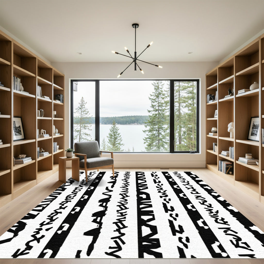 Bold Black Linear Brushstroke Stripe Rug