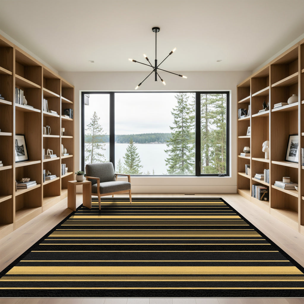 Golden Black Contemporary Stripe Rug