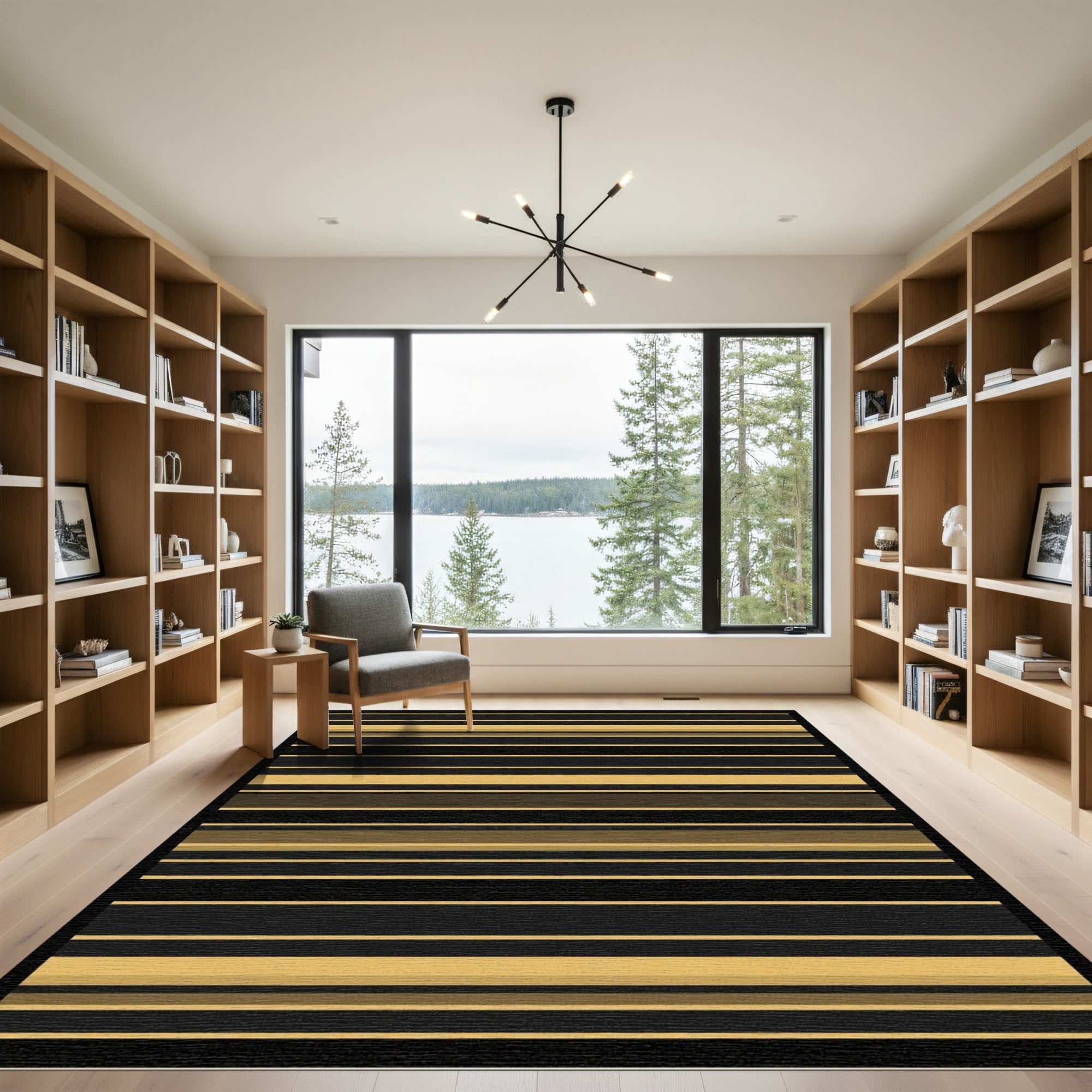 Golden Black Contemporary Stripe Rug