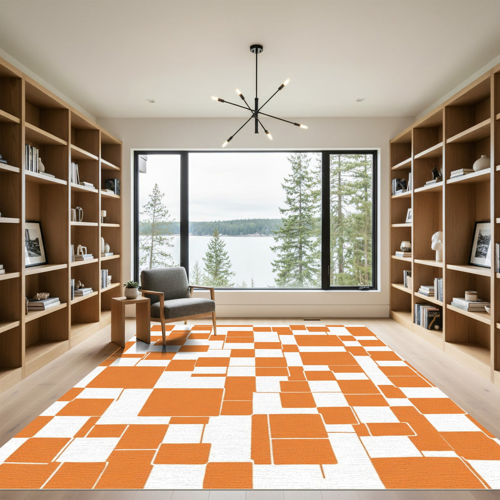 Orange White Geometric Composition Rug