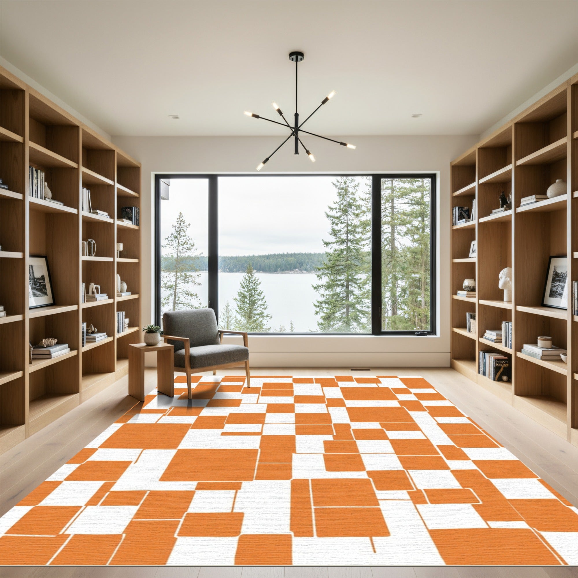 Orange White Geometric Composition Rug
