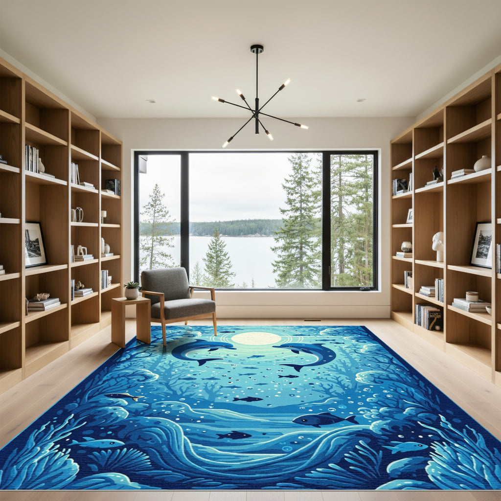Ocean Dolphins Underwater Sun Rays Rug