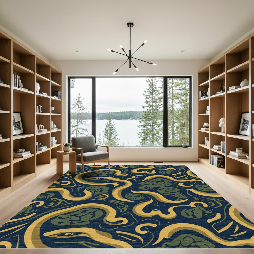 Yellow Snake Green Abstract Navy Rug