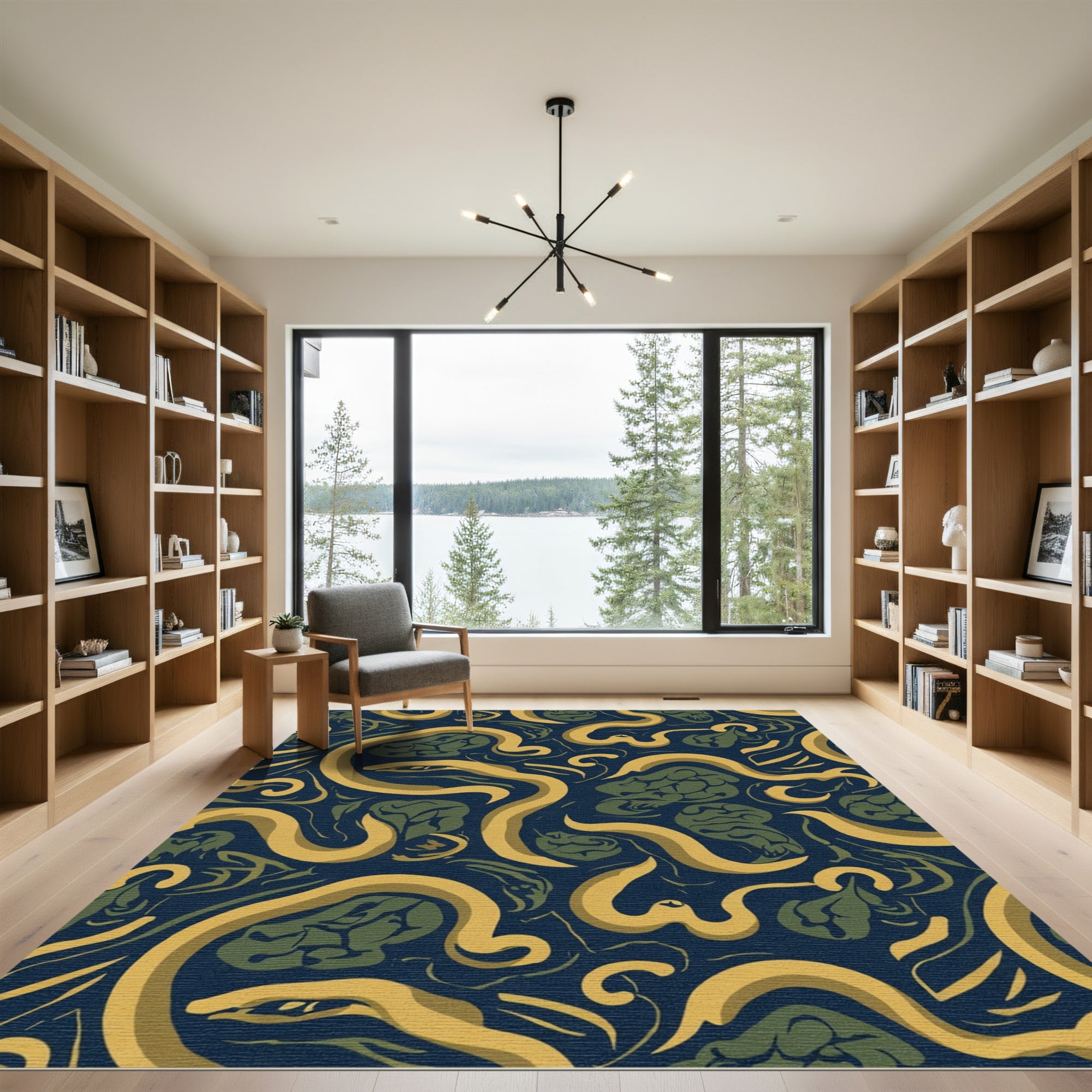Yellow Snake Green Abstract Navy Rug
