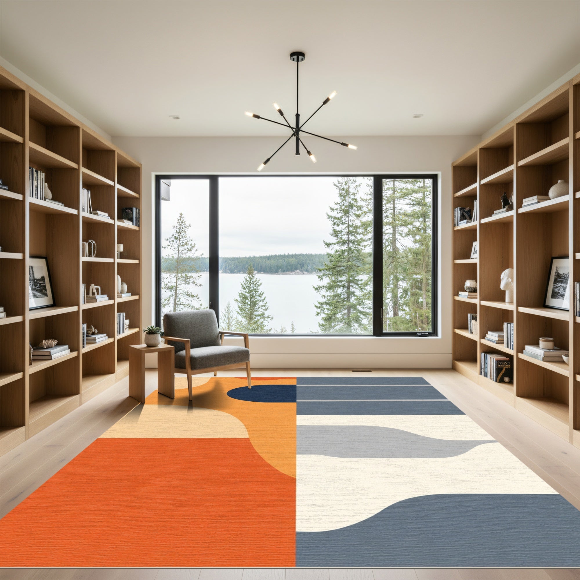 Modern Orange Blue Abstract Wave Rug