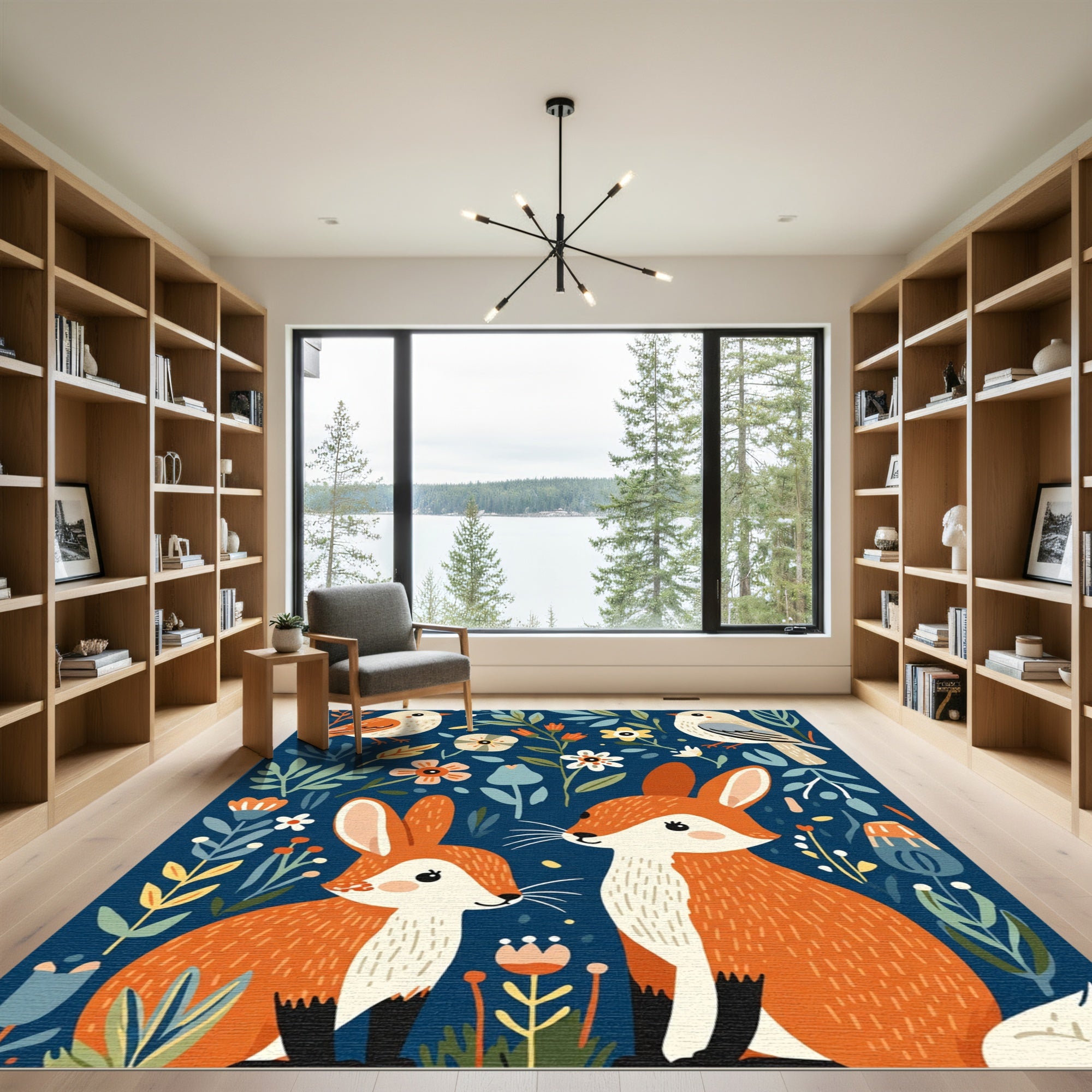 Whimsical Woodland Animals Floral Scene Rug