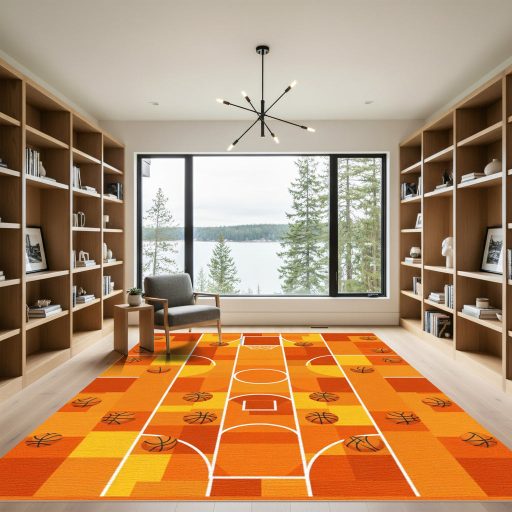 Orange Basketball Court Grid Rug