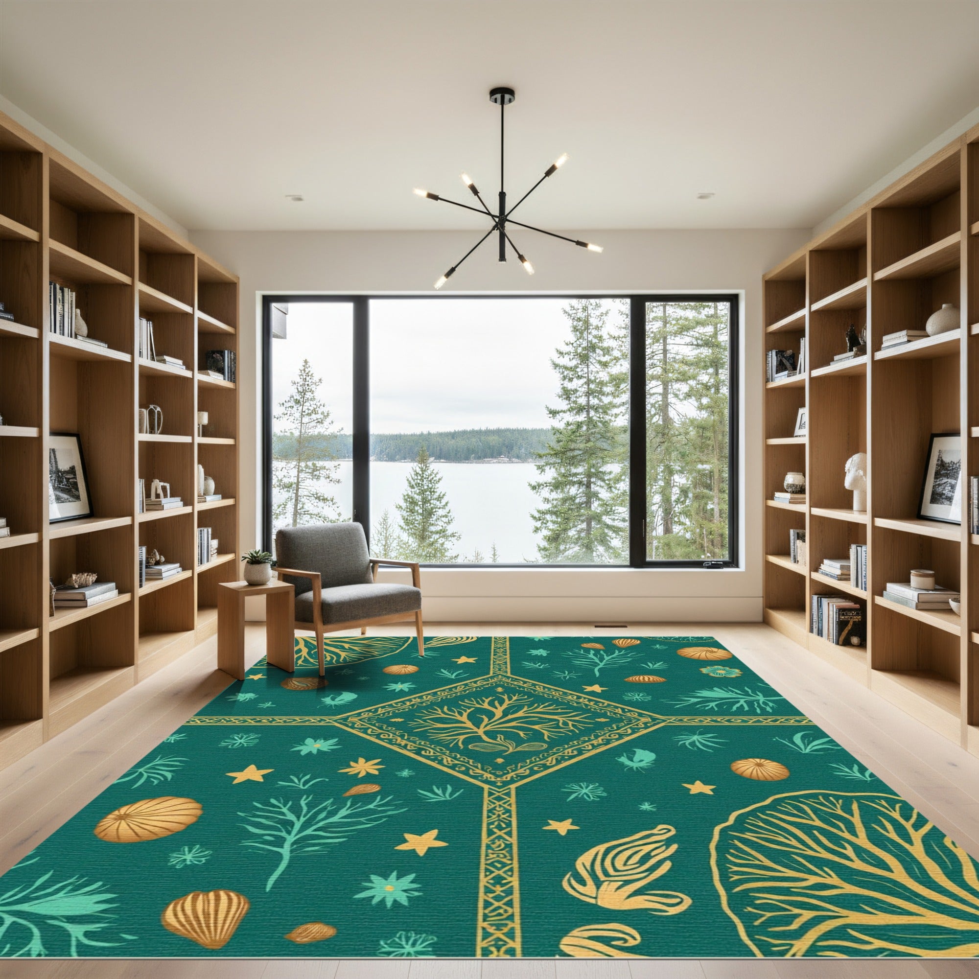 Teal and Gold Nautical Botanical Medallion Rug